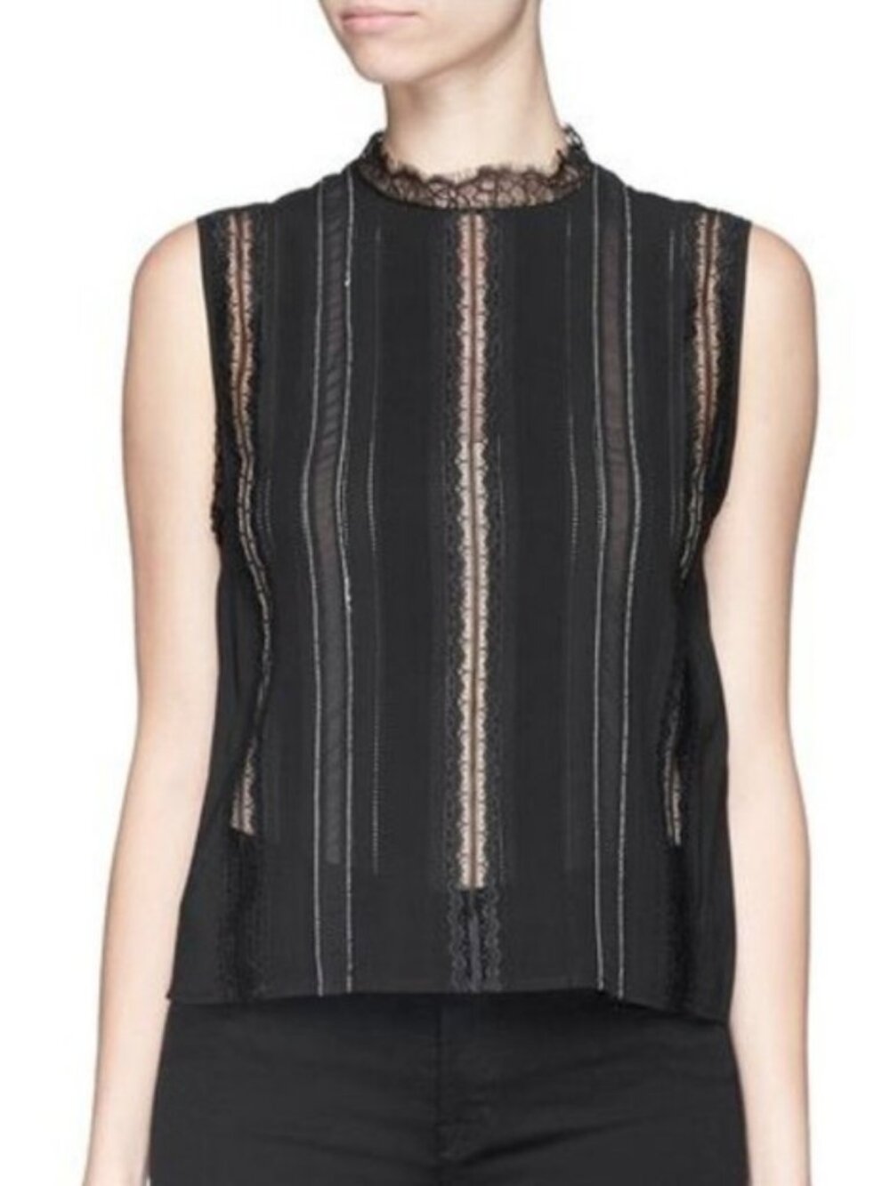 Alice + Olivia Black Lace-Trim Sleeveless Blouse